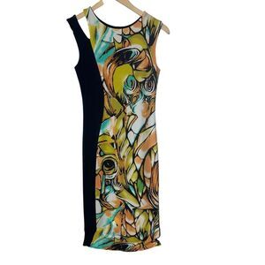 Eva Varro NWT Mod Print Women's Split Shoulder Jersey Sleeveless Midi Dress Sz M
